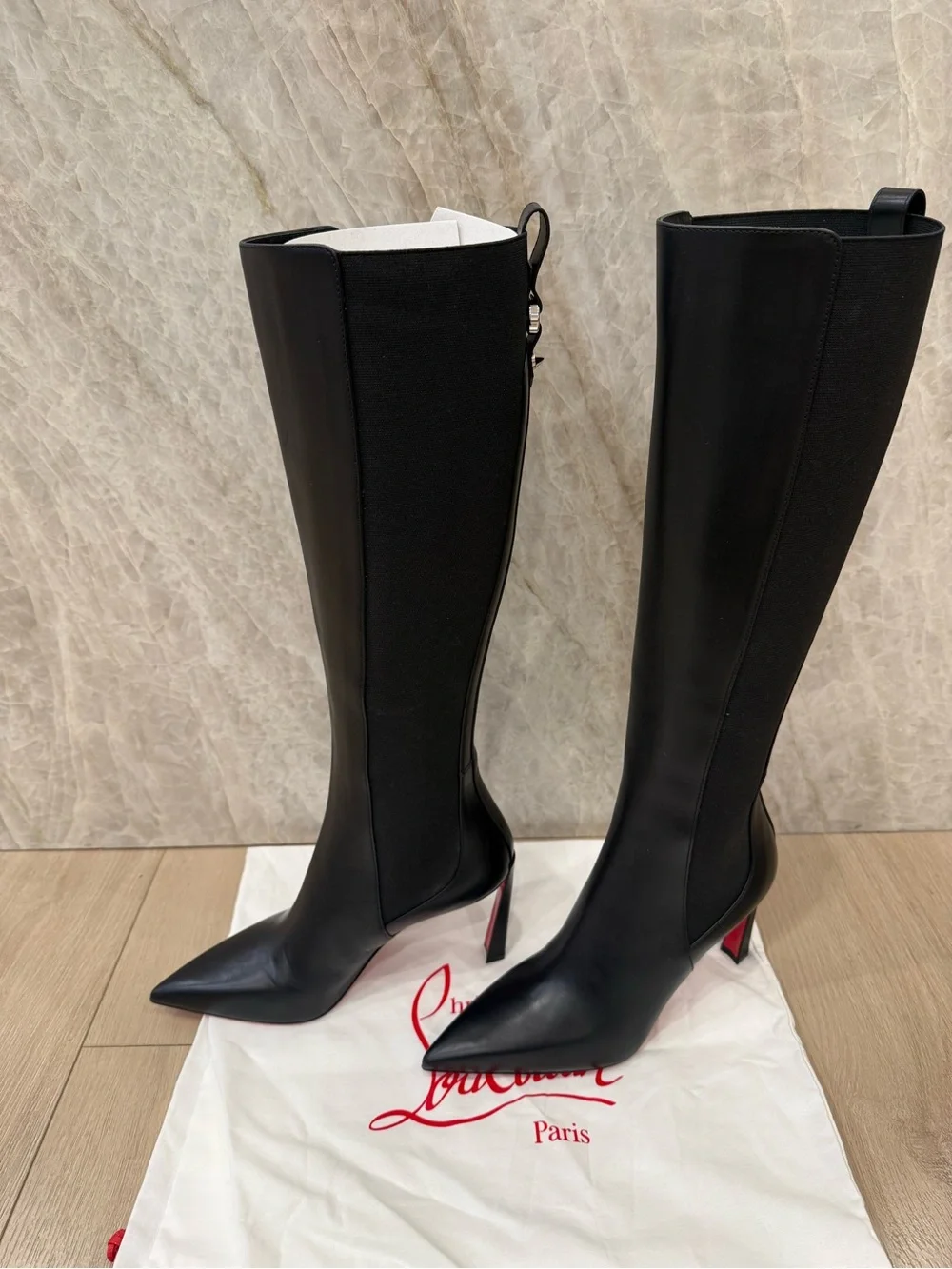 Christian Louboutin Black Over-the-Knee Pointed-Toe Stiletto Boots with Red Sole